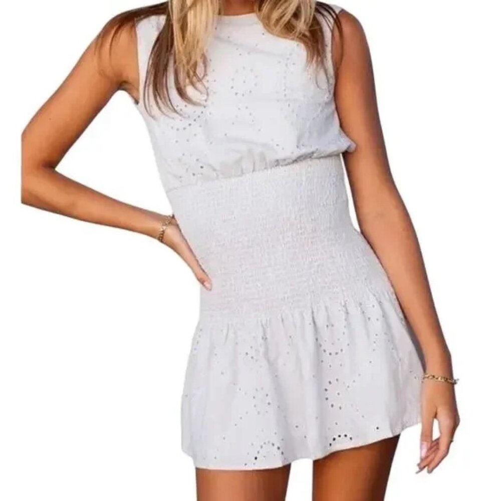 Sky to Moon Gray Eyelet Low Back Smocked Waist Mini Dress Size S